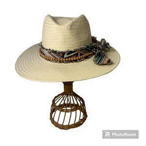 NWOT Madewell x Wyeth Straw Kassia Pattern Beaded Wide Brim Straw Rancher Hat OS